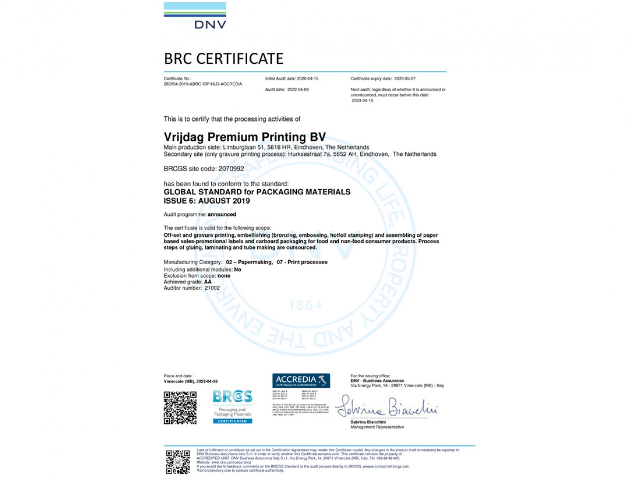 Vrijdag Premium Printing Certificaat - BRCGS Packaging Materials, Issue 6 - Achieved Grade: AA