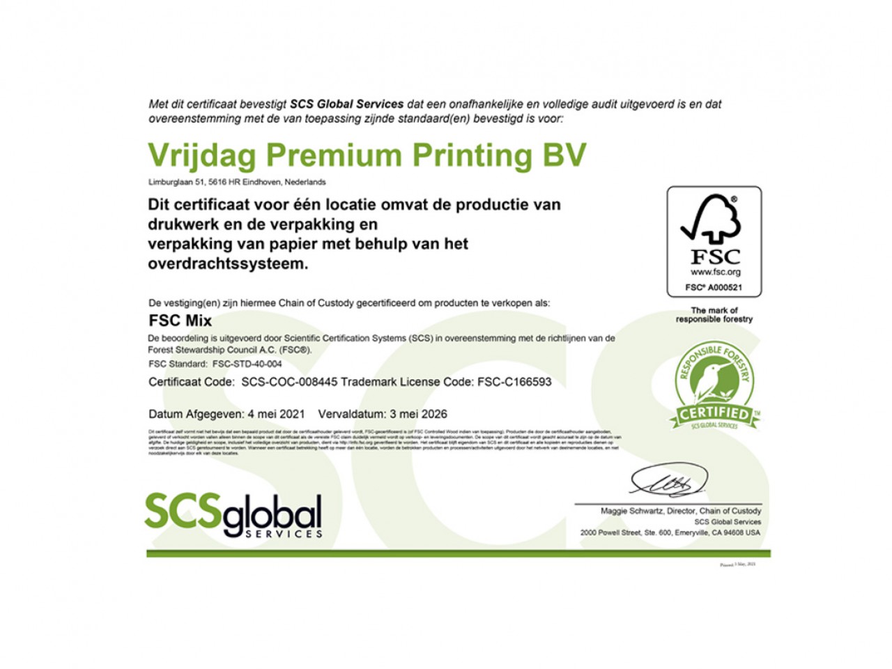 Vrijdag Premium Printing FSC Certificaat