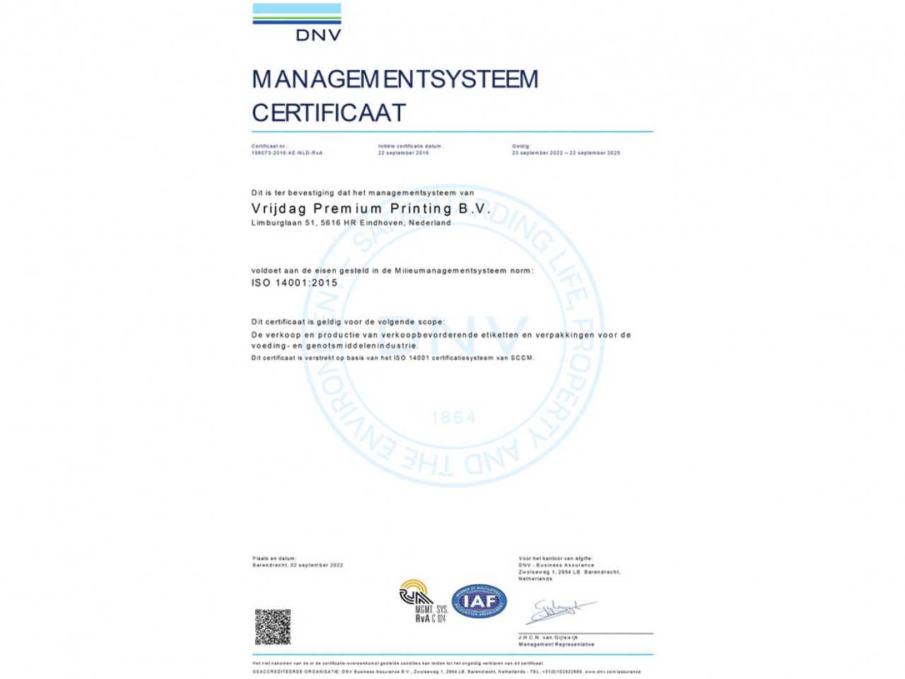 Vrijdag Premium Printing ISO 14001:2015 Environmental management system certicifaat Logo