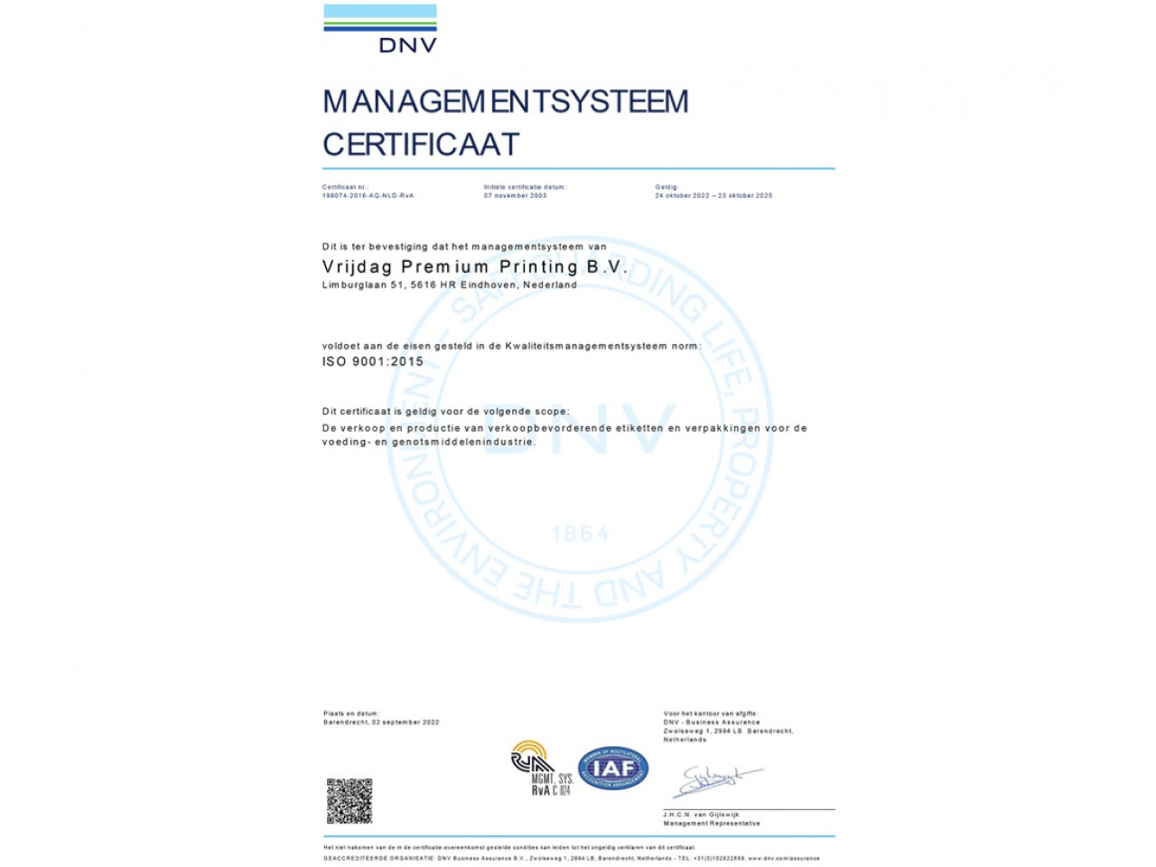 Vrijdag Premium Printing ISO 9001:2015 Quality management system certificaat Logo