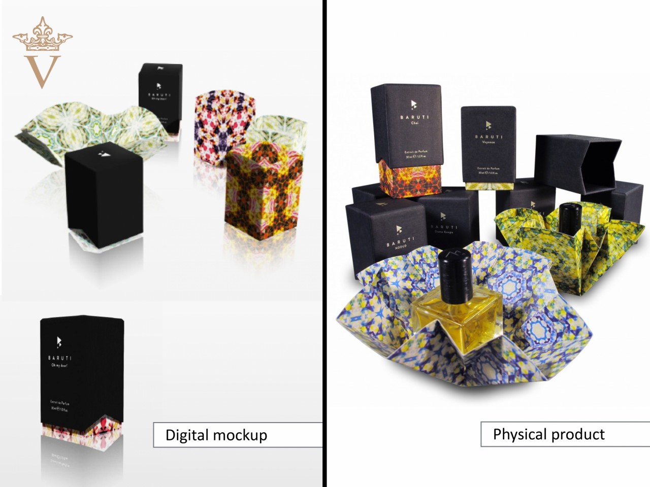 Baruti parfum verpakking -  3D digitale mock-up vs. een fysiek prototype